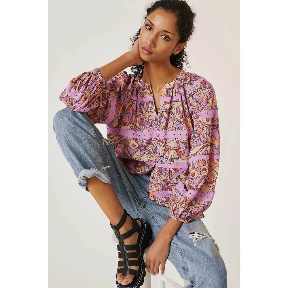 Anthropologie Let Me Be Women’s Small Purple Geometric & Lace Blouse Top